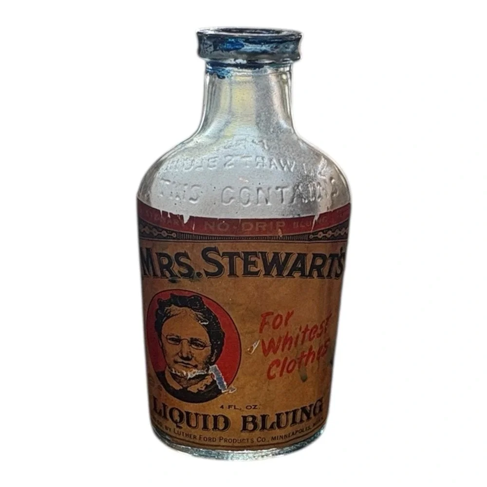 Vintage Mrs. Stewart's Liquid Bluing Bottle 4oz w/ Label‎ – Embossed Glass